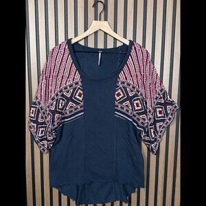 Free People Top XS Blue Scoop Neck Dolan Sleeve High Low Geometric Tunic Fleece